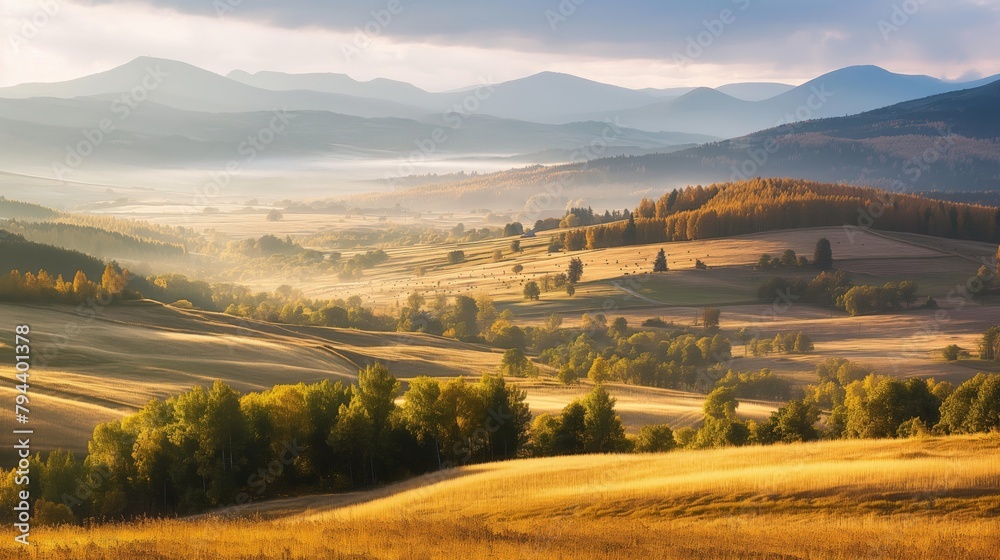 Scenic photo of sun-kissed fields and rolling hills in a tranquil valley during golden hour