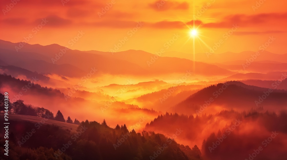 Breathtaking misty mountain sunrise in a serene and peaceful natural landscape with colorful orange hues. Tranquil beauty. And bright sunlight shining through the clouds