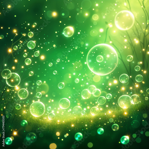 A illustration of numerous green bubbles floating in the air, creating a dreamy and magical atmosphere.