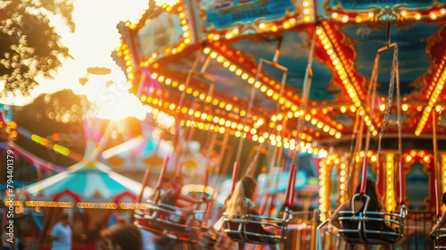 A carnival with a carousel and people riding it
