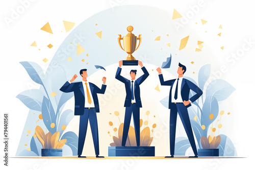 Business graphic vector modern style illustration of a business person in a workplace environment winning a trophy award succeed jump for joy cheer employee company winning recognition great