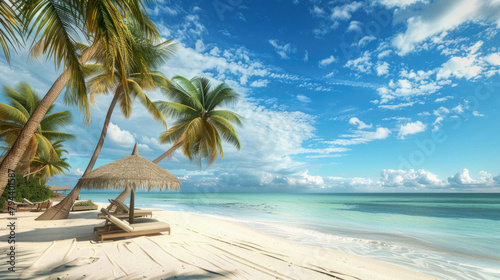 A beach with palm trees and a small umbrella © Art AI Gallery