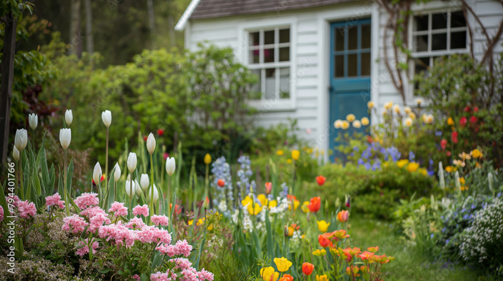 Fototapeta premium Cozy cottage with a vibrant garden full of tulips, daffodils, and lush greenery
