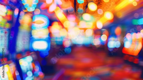 Defocused background of a busy casino floor with a blur of colorful lights and slot machines creating a mysterious and alluring ambiance enticing players to take a chance and win big. . photo