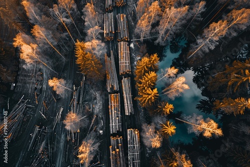 aerial view of logging site in a forest, stacks of timber ready for transportation,