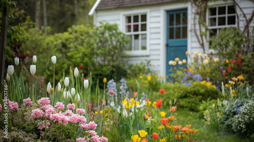 Cozy cottage with a vibrant garden full of tulips, daffodils, and lush greenery #794401766