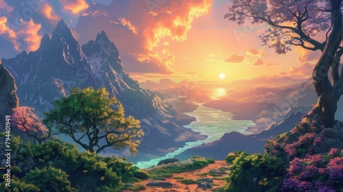 Digital painting of a miraculous sunrise over a mystical landscape, blending realism with fantasy