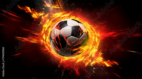 Football planet concept  soccer ball engulfed in intense flames  illustrating the concept of power  energy  and unstoppable force of football game  ideal for sports marketing and ads  merchandise