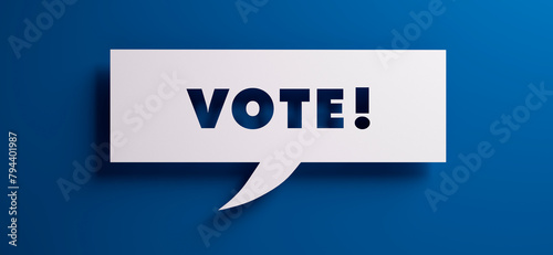 Speech bubble with the word vote in front of a blue colored wall - 3D illustration	
