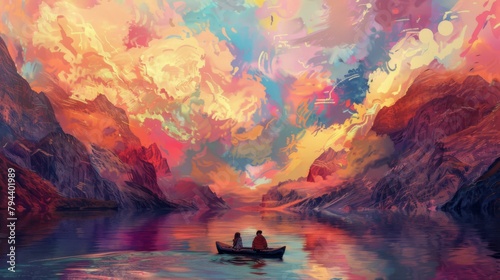 Digital painting of a couple embarking on a breathtaking adventure, landscapes alive with color photo