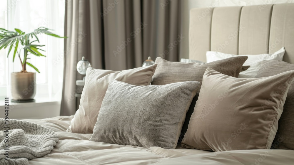 Gray pillow on a brown or beige bed in a bedroom decorated in earth tones
