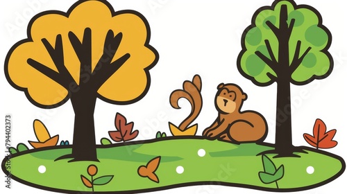   A cartoon of a monkey seated amidst a field  surrounded by trees and foliage