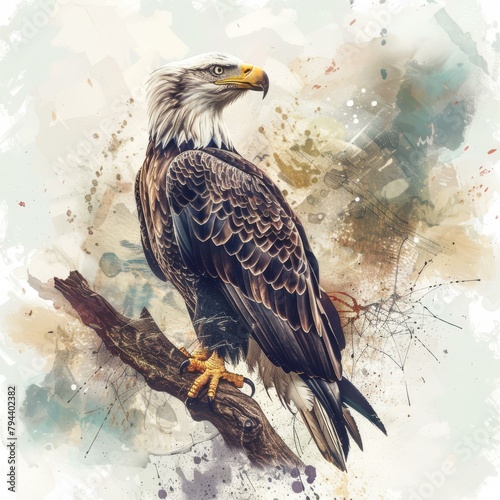 Illustration of a majestic eagle perched high, captured in delicate watercolor digital art