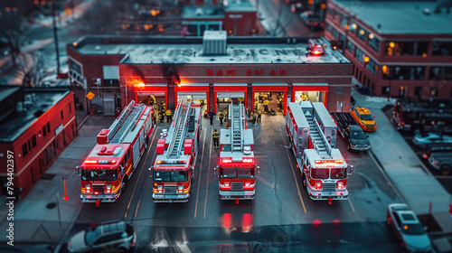 A group of fire trucks are parked outside a fire station photo