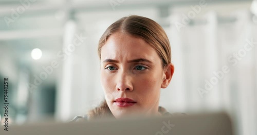 Remote work, confused and woman with laptop in home for research, studying and elearning for online project. Student, university and person on computer for education, internet course and website