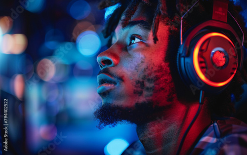 A man wearing headphones is looking at the camera. The image has a moody and mysterious feel to it, as the man's gaze is directed towards the camera, and the lighting is dim