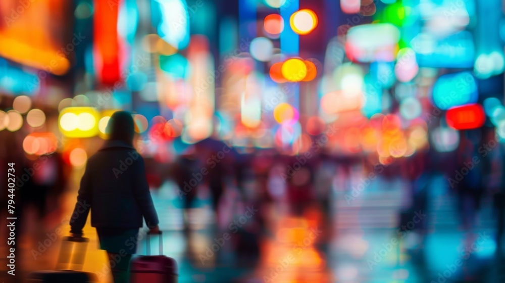 Fototapeta premium Vibrant city street with blurred neon signs and blurred figures carrying suitcases symbolizing the continuous flow of international transfers between countries. .