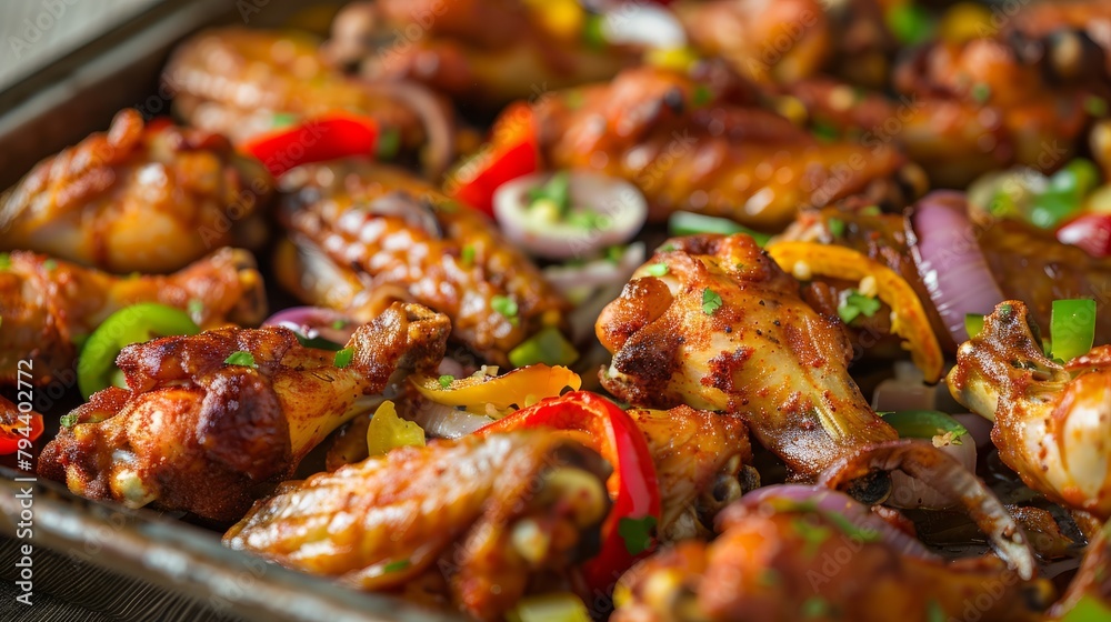 A birdseye perspective of a tray filled with golden-brown chicken wings and a colorful medley of peppers and onions