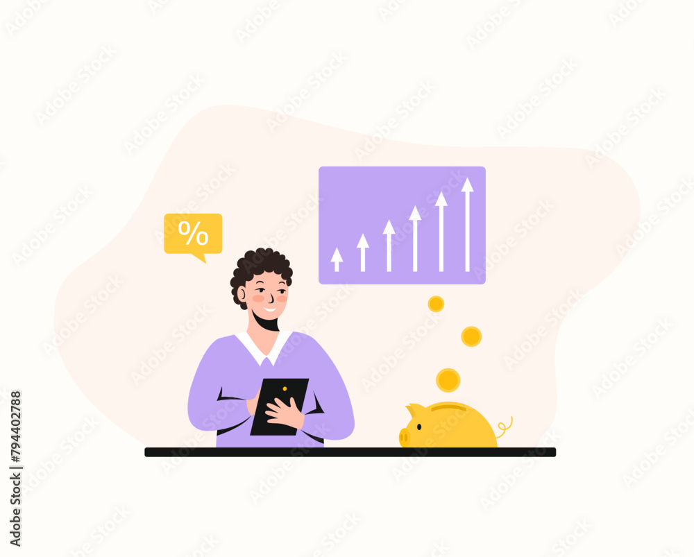 Illustration of a business man throwing coins into a piggy bank. Depositing money into a bank account. Economics of financial management. Illustration of a business man throwing coins into a piggy bank. Depositing money into a bank account. Economics of financial management.