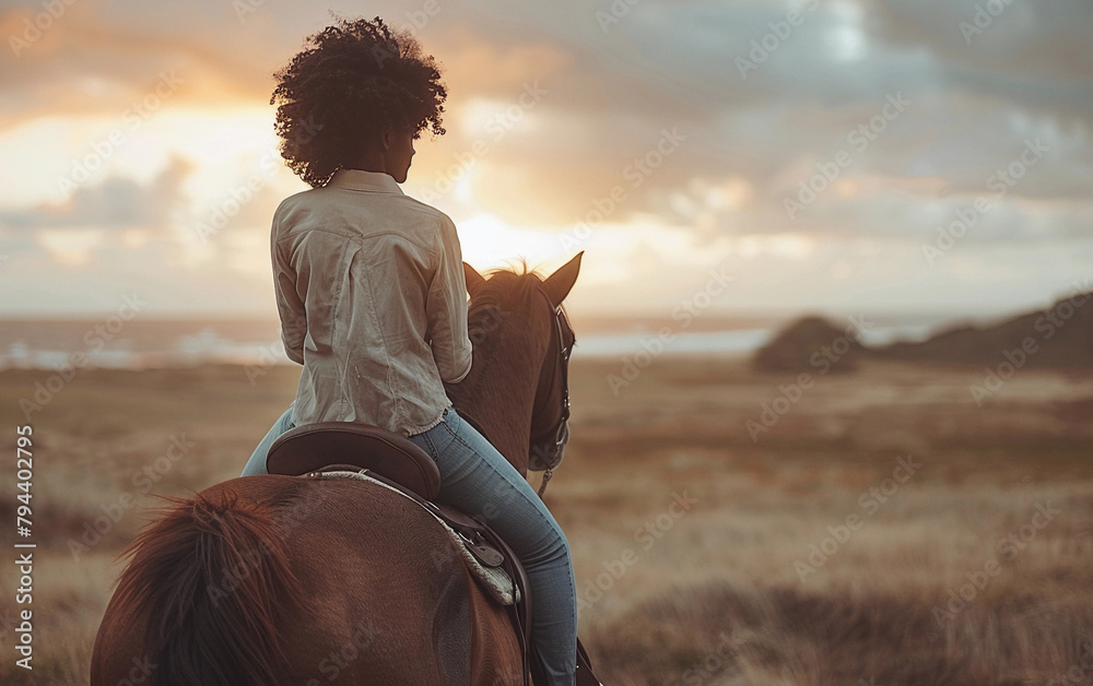 A woman is riding a horse in a field with a beautiful sunset in the background. Concept of freedom and relaxation, as the woman enjoys the peaceful surroundings while on her horse