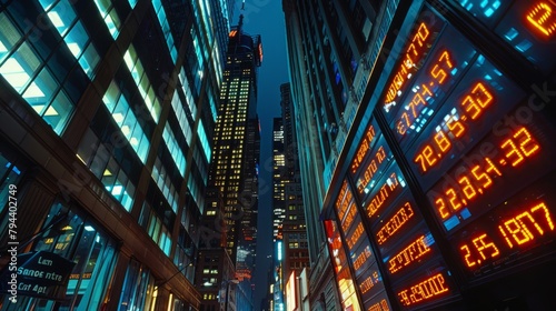 A bustling city street at night  filled with illuminated tall buildings and skyscrapers