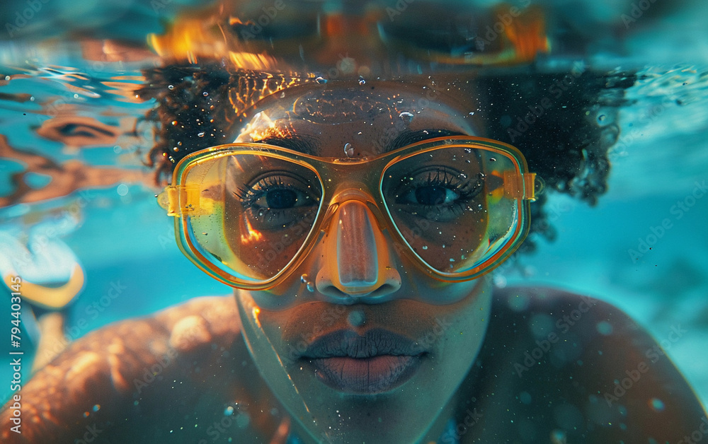 Naklejka premium A woman is swimming in the ocean wearing a yellow snorkel. The water is clear and calm