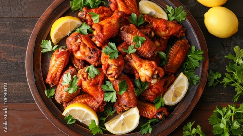 Topdown view of a plate filled with spicy Buffalo chicken wings, garnished with fresh lemons and parsley