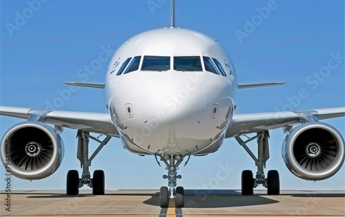 A large white airplane is parked on the runway. The plane is large and has two engines. The sky is clear and the sun is shining brightly