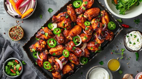 A pan filled with succulent chicken wings, sliced peppers, onions, and other vegetables