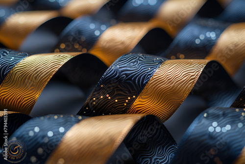 Black and Gold Ribbons in a Row,
Swirling golden and blue glistening golden solid liquid waves ultra realistic vibrations wave functions twisted lines and textures seamless textile fulldrop repeated  photo