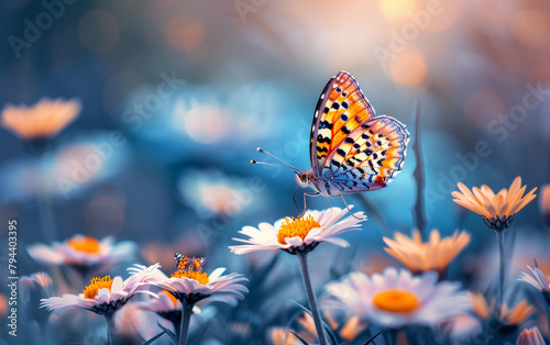 A butterfly is perched on a flower in a field of flowers. The scene is serene and peaceful, with the butterfly being the only living creature in the image. The bright colors of the butterfly © imagineRbc