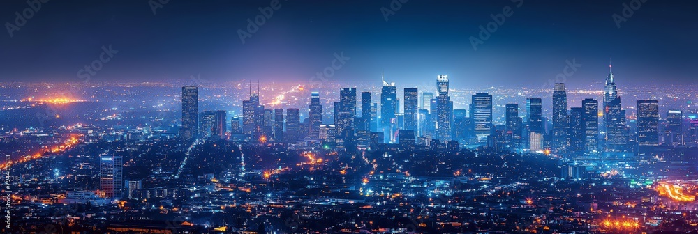 Panoramic night cityscape with glowing skyline. Perfect for urban, technology, business, and modern lifestyle concepts.