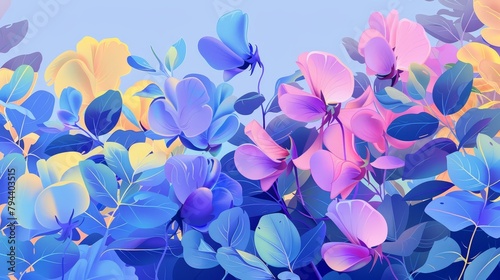  A painting of a bouquet of flowers against a blue-pink background, with a blue sky in the background