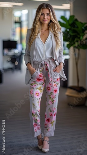 Professional Businesswoman Wearing Bright Pink Floral Trousers. Inappropriate Business Attire. The Wrong Trousers.