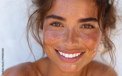 A woman with brown hair and freckles is smiling and has her mouth open. She has a bright, happy expression on her face