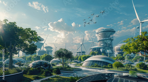 A futuristic city with tall buildings and windmills