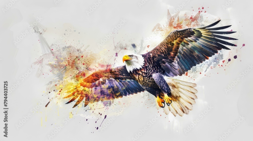 Watercolor-style digital painting of an eagle in flight, feathers detailed with vibrant splashes of color Watercolor-style digital painting of an eagle in flight, feathers detailed with vibrant splashes of color