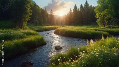 River between meadows and forests  summer