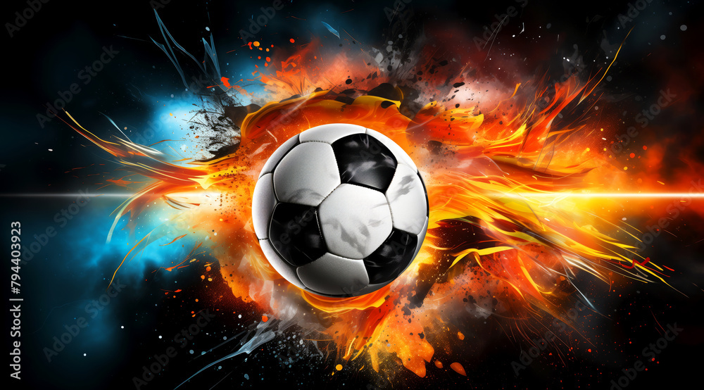Naklejka premium Football planet concept, white soccer ball amidst explosion of fiery and icy elements, illustrating intense energy and passion associated with football game, ideal for sport theme, social media