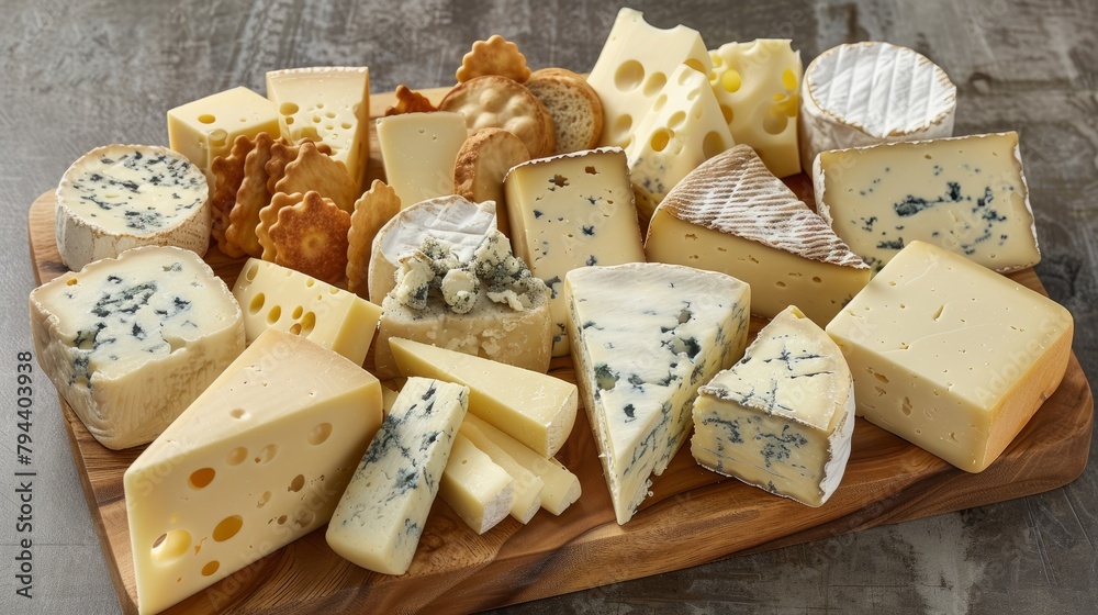 Overhead view of various cheeses arranged on a wooden platter, creating a sumptuous spread
