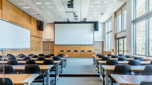A large classroom with a projector screen and rows of black chairs