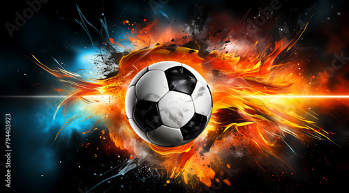 Football planet concept  white soccer ball amidst explosion of fiery and icy elements  illustrating intense energy and passion associated with football game  ideal for sport theme  social media