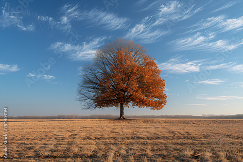 Brown Bare Tree Under Blue Sky During Daytime , Autumn landscape with a lonely tree on the field 