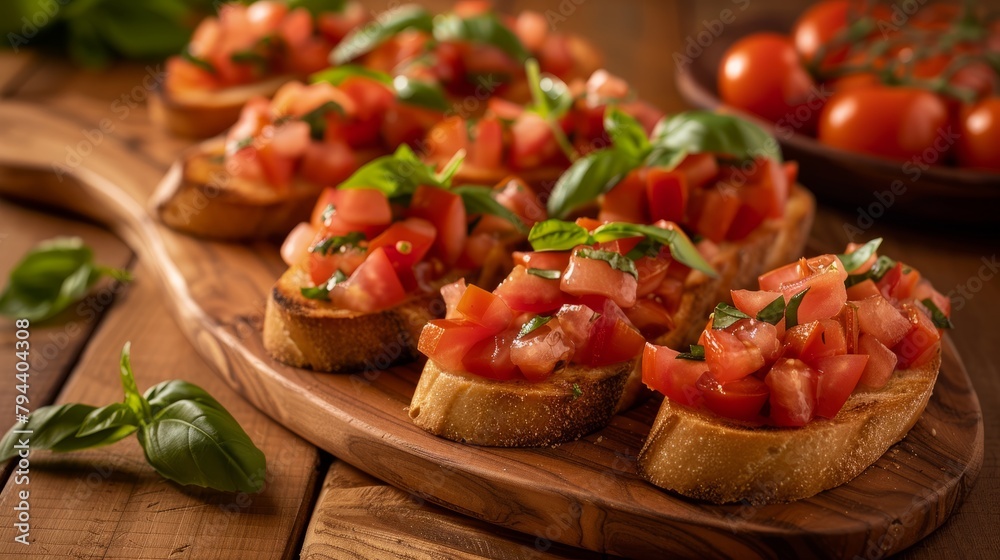 A wooden plate topped with slices of bread covered in juicy tomatoes, creating a delicious bruschetta dish