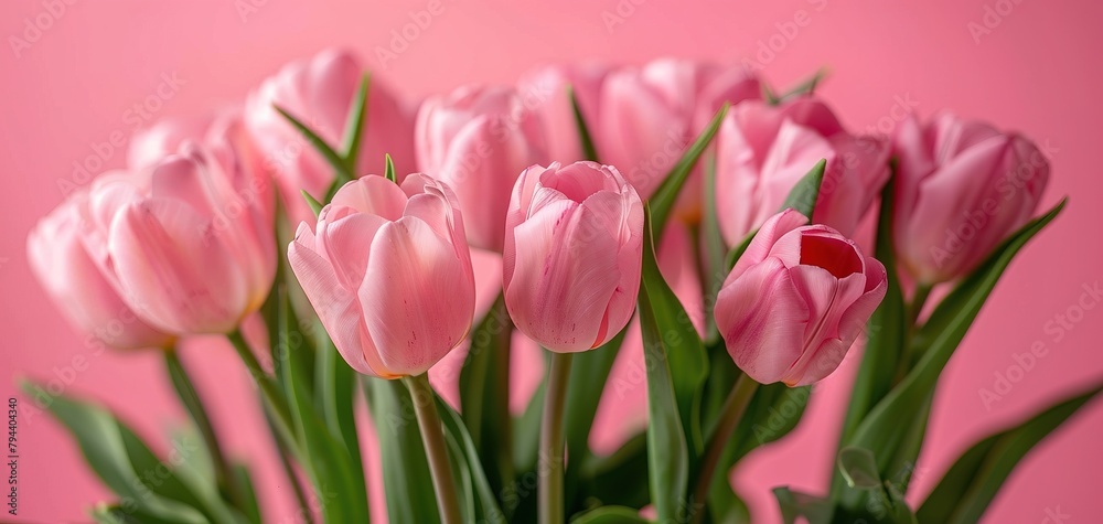 Bouquet of pink tulips on pink background. Mothers day, Birthday celebration concept. Greeting card