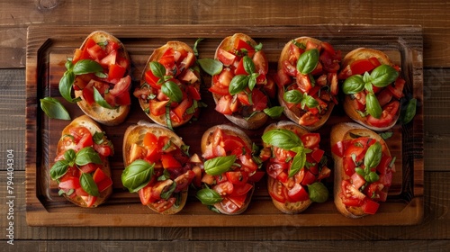 A wooden serving tray filled with different types of food including bruschetta, juicy tomatoes, and more