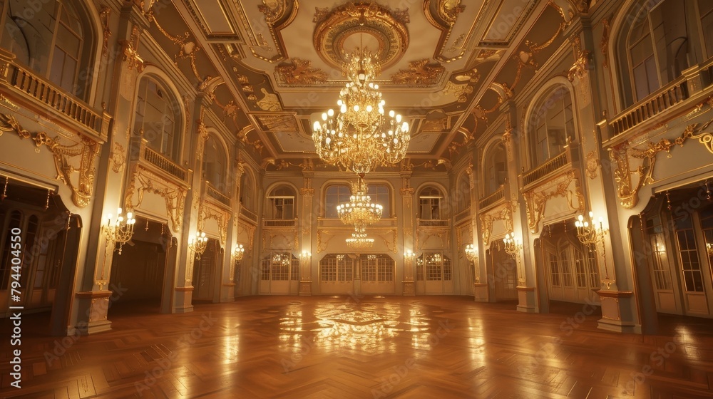 An elegant 3D ballroom with twinkling chandeliers and grand architecture       AI generated illustration