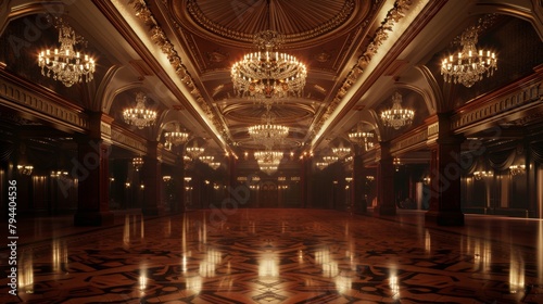 An elegant 3D ballroom with twinkling chandeliers and grand architecture AI generated illustration