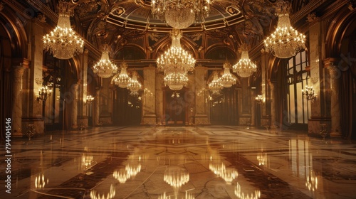 An elegant 3D ballroom with twinkling chandeliers and grand architecture      AI generated illustration photo