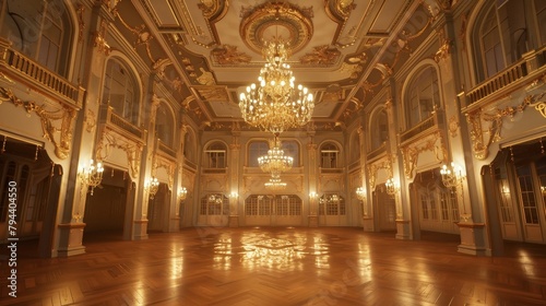 An elegant 3D ballroom with twinkling chandeliers and grand architecture       AI generated illustration